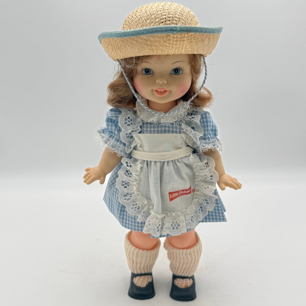 Vintage Little Debbie Snack Cakes Promotional Vinyl Doll Gingham Dress Straw Hat